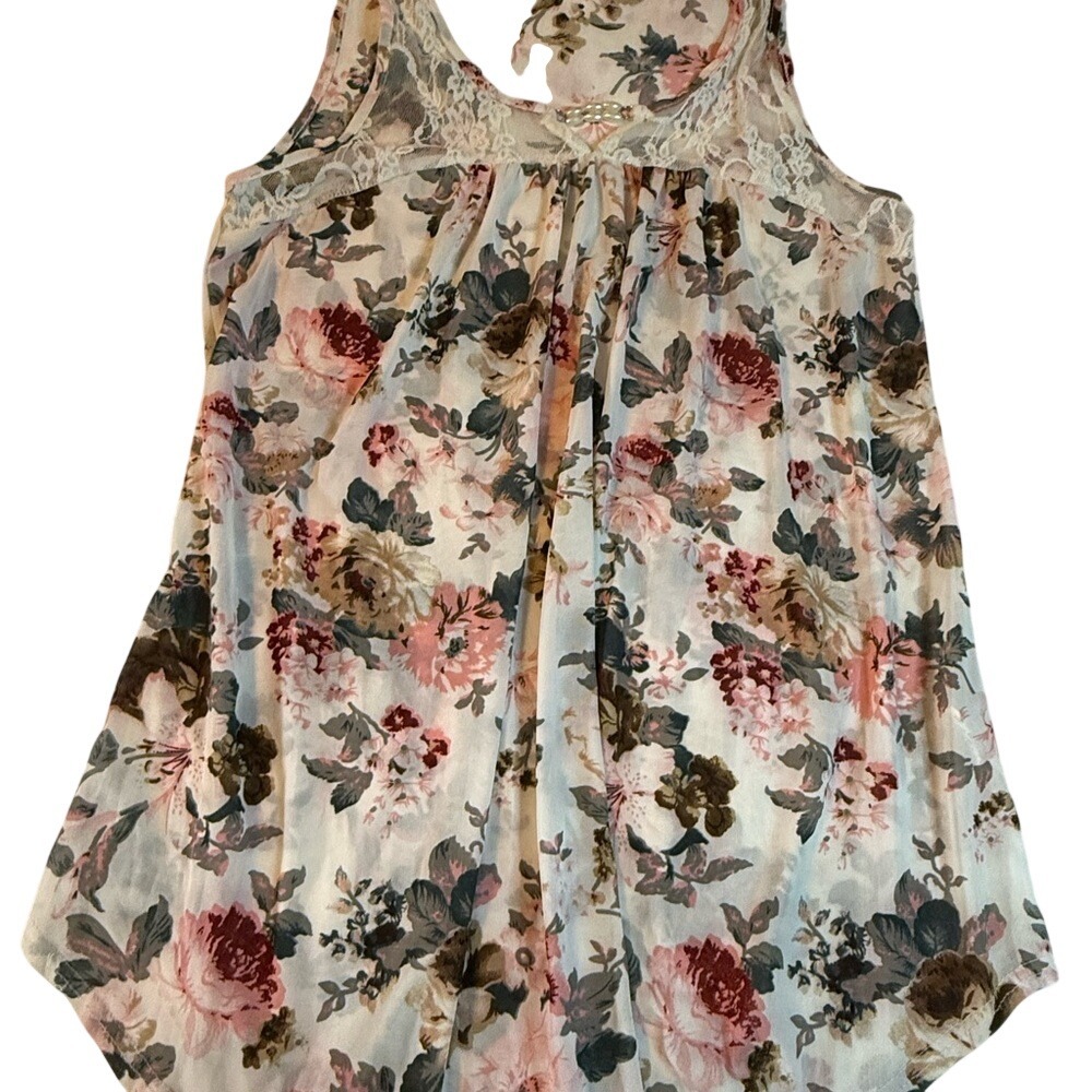 Ember Missy Floral Sleeveless Blouse Lace Neck Boho Top M‎